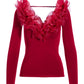 Organza Ruffle V Neck Sweater Jester Red