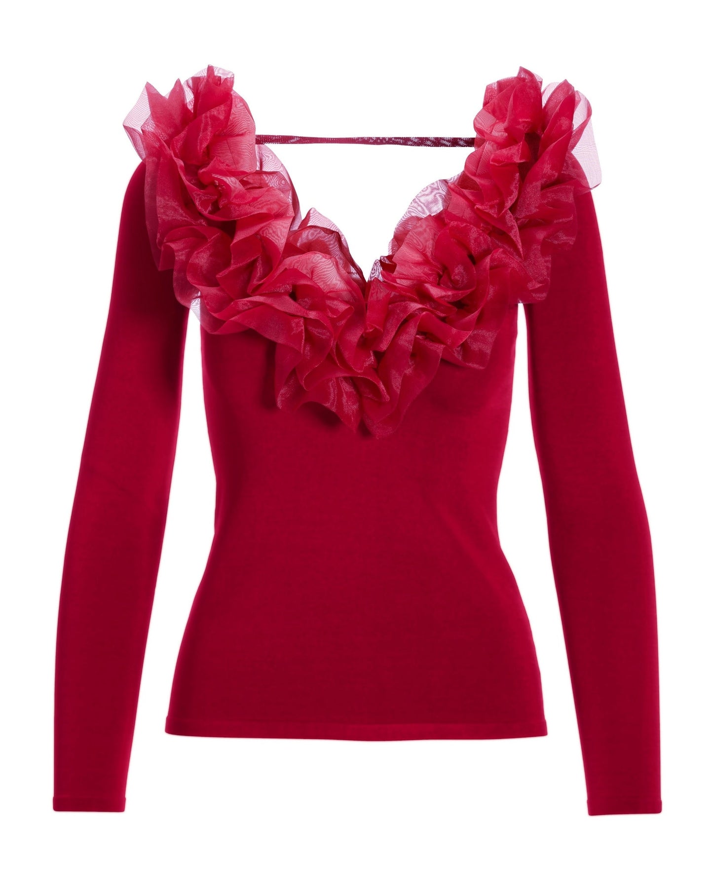 Organza Ruffle V Neck Sweater Jester Red