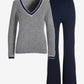 Sequin Stripe V Neck Sweater Set Silver