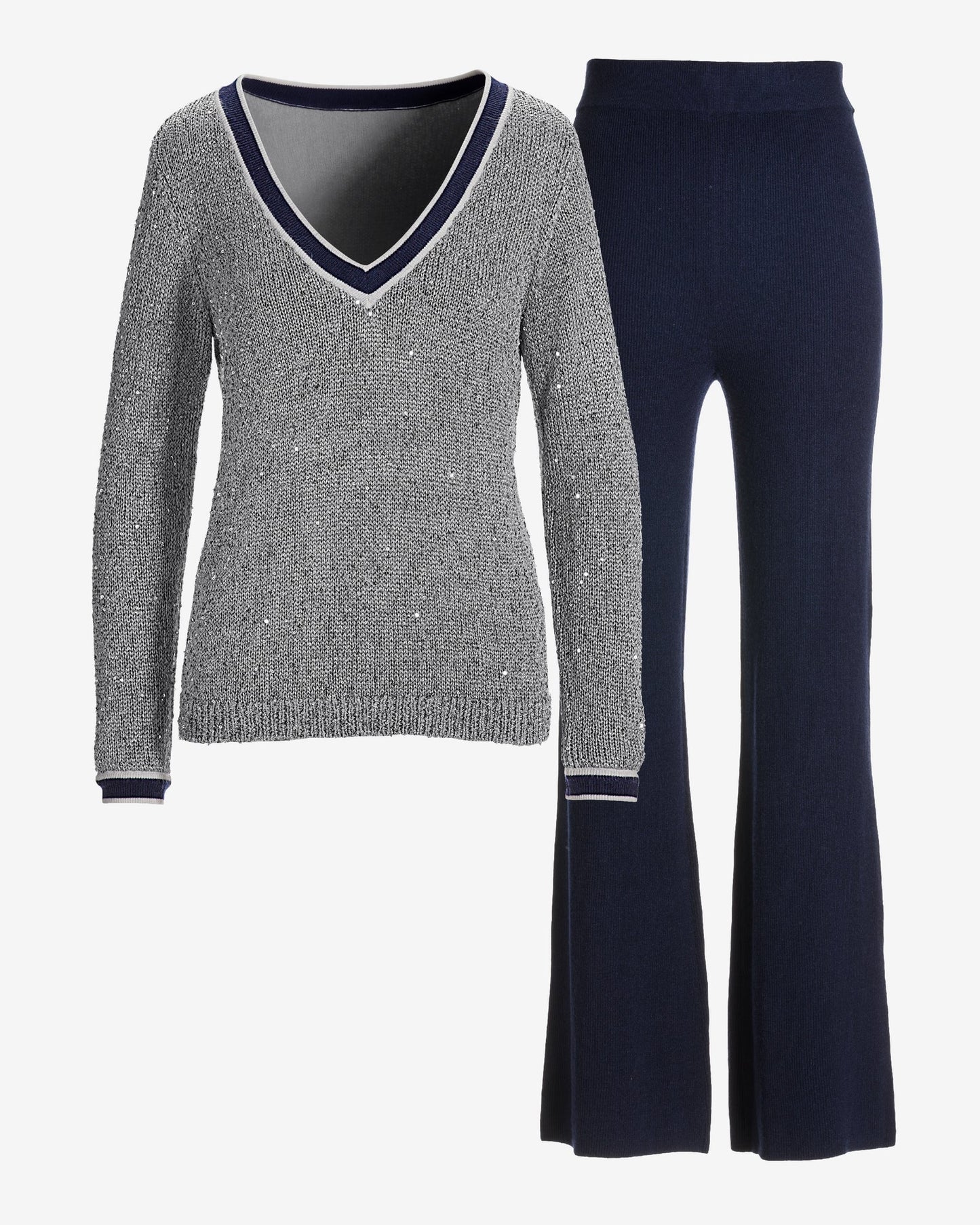 Sequin Stripe V Neck Sweater Set Silver