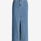 Front Slit Heat Set Midi Denim Skirt Light Med Wash