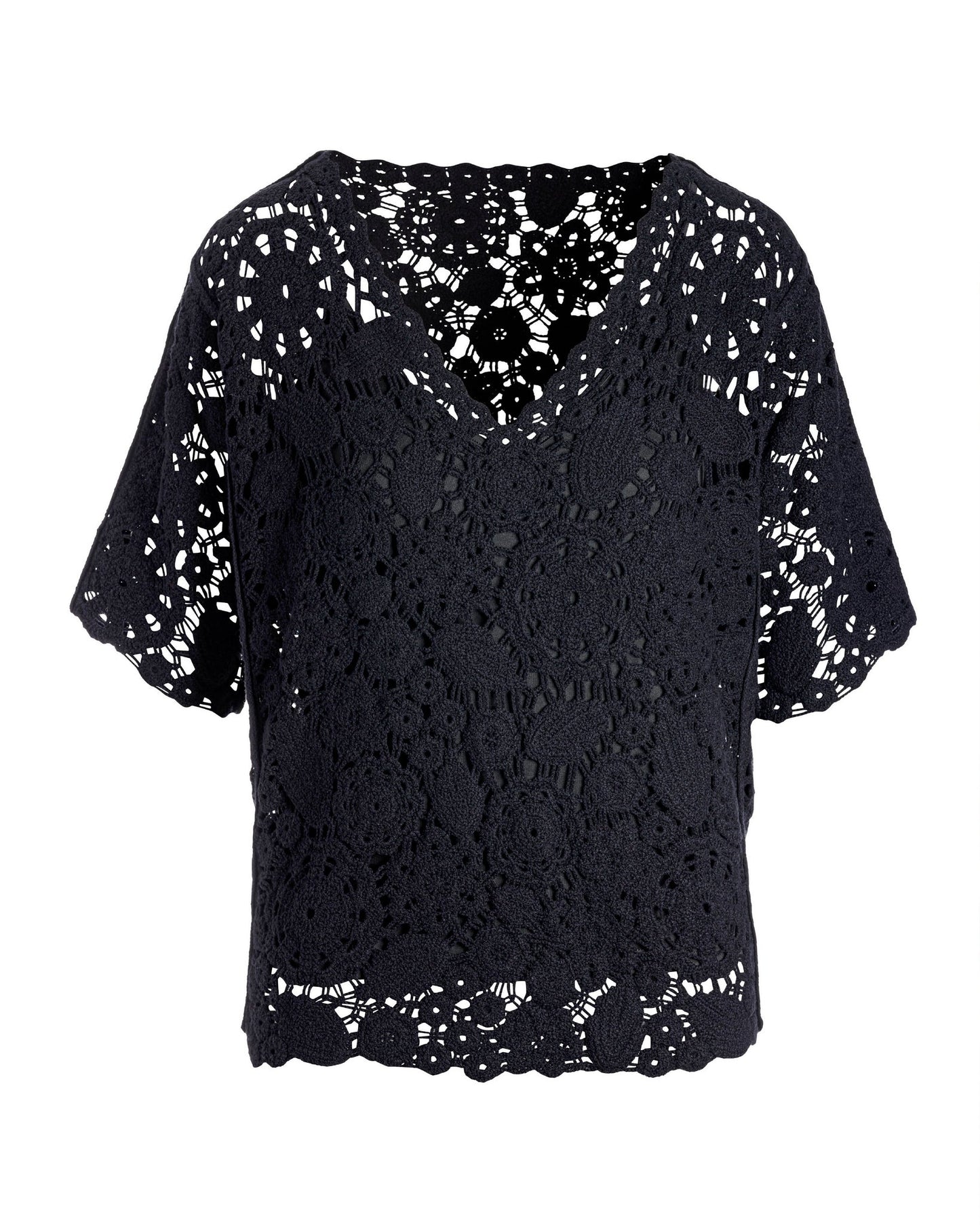 Crochet Effortless V Neck Short Sleeve Sweater Black