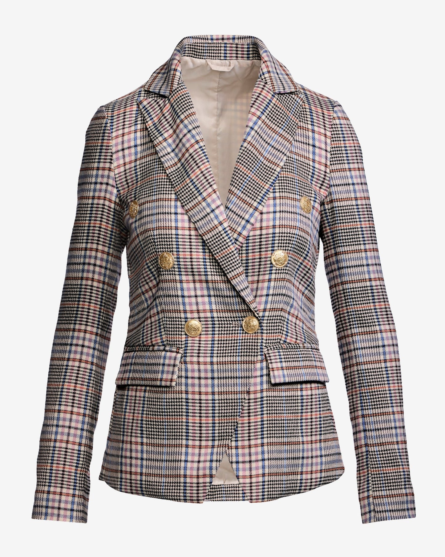 Chic Plaid Double Breasted Blazer Ivory Multi