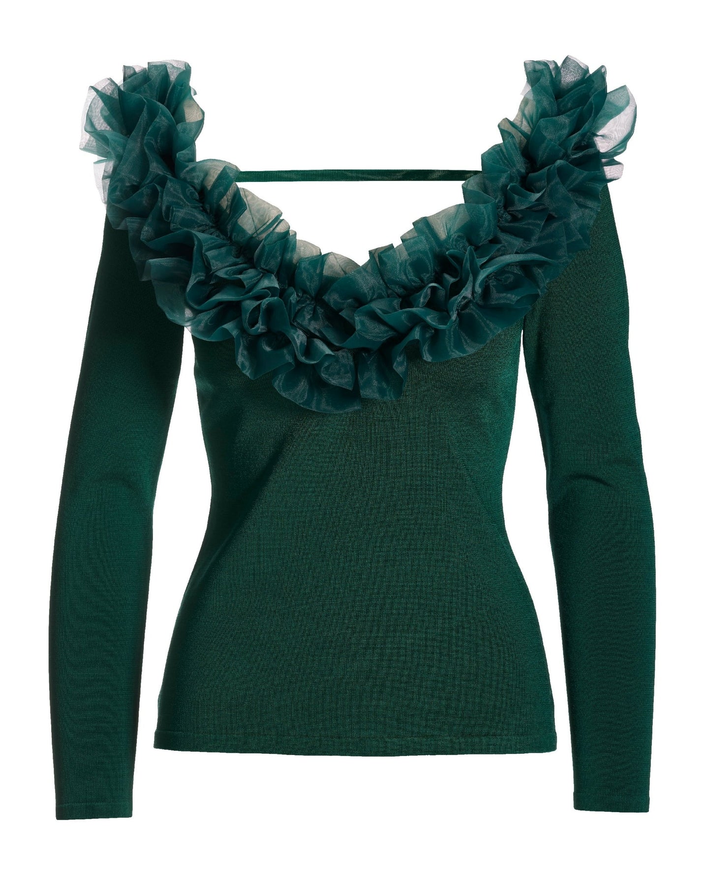 Organza Ruffle V Neck Sweater Deep Emerald