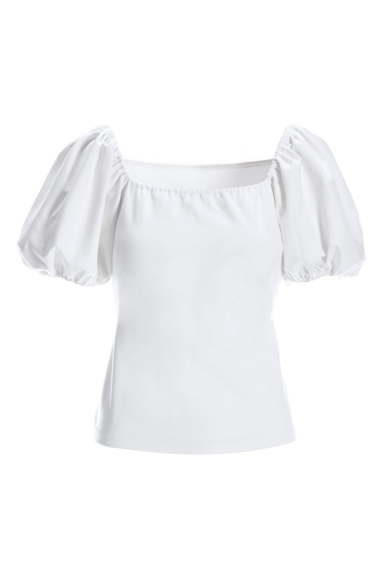 Puff-Sleeve Ponte Square Neck Top White