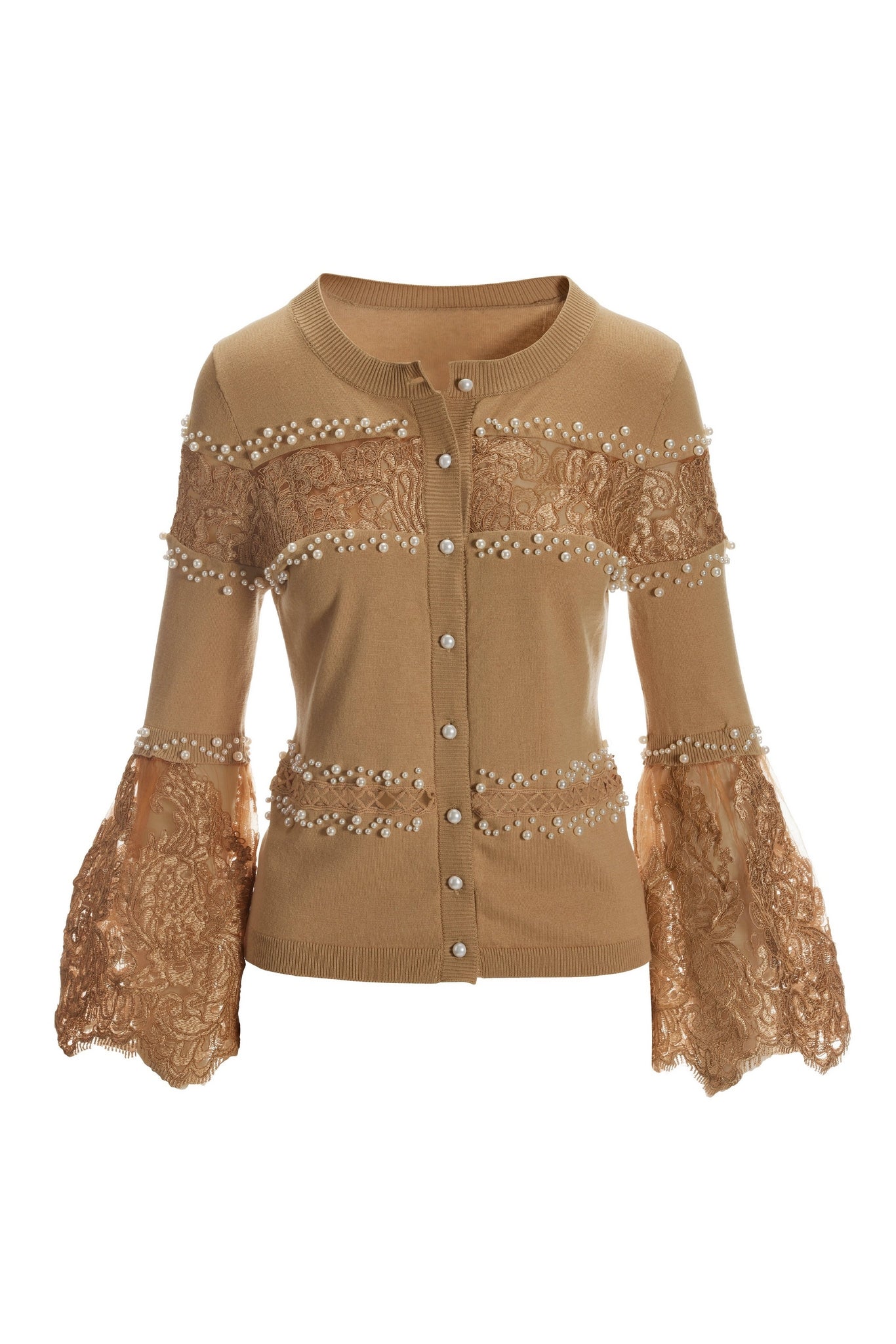 Pearl And Lace Embellished Cardigan Camel
