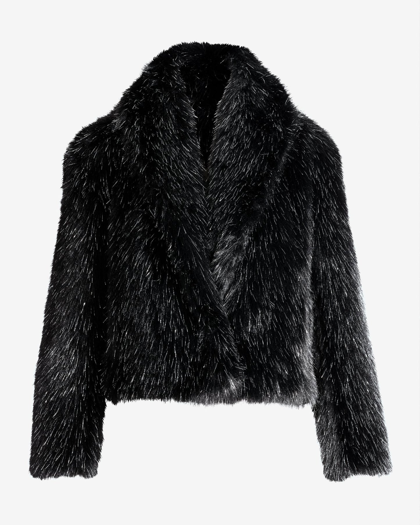 Metallic Faux Fur Shawl Collar Chubby Black/Silver