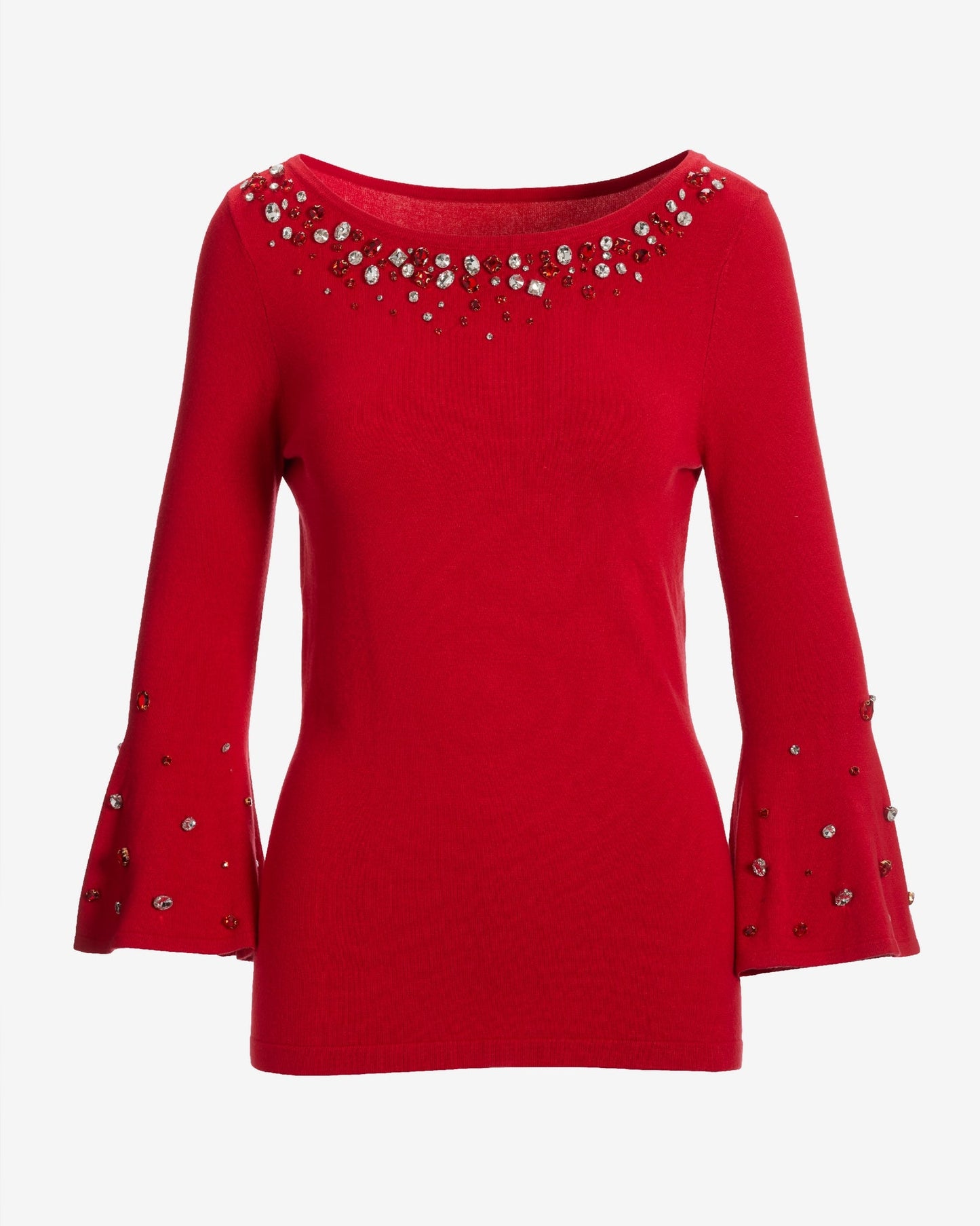 Embellished Boat Neck Flare Sleeve Sweater Racing Red