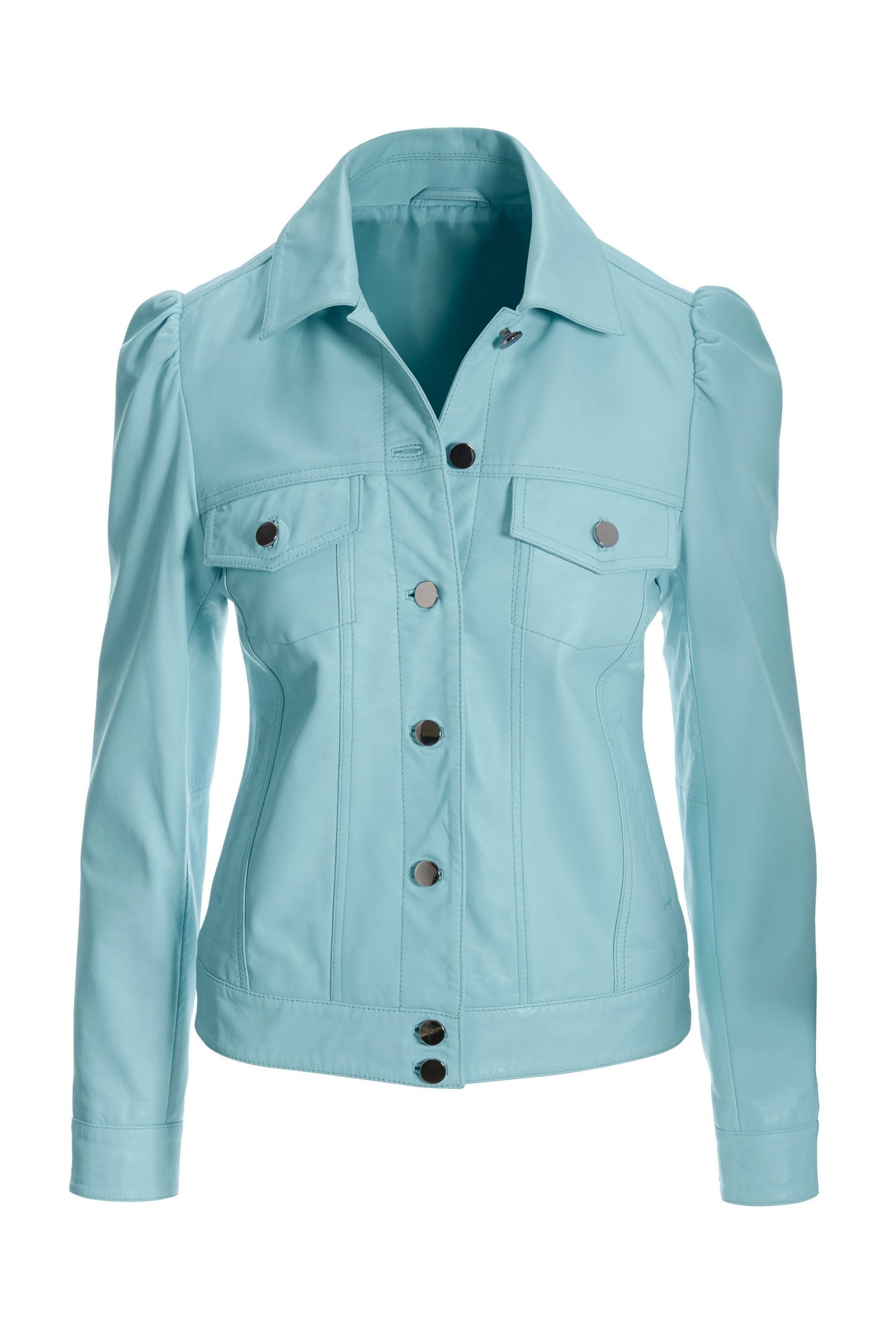 Leather Puff Sleeve Jacket Aquamarine