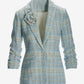 Tweed Ruched Sleeve Single Button Blazer Blue Multi