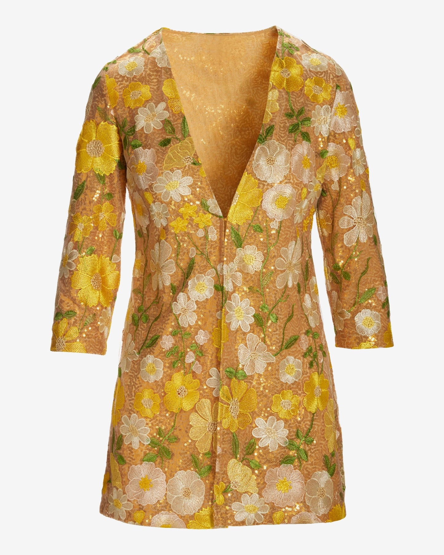 Sequin Embroidered Mesh Hip Length Duster Yellow Multi