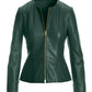 Collarless Peplum Leather Jacket Emerald Green