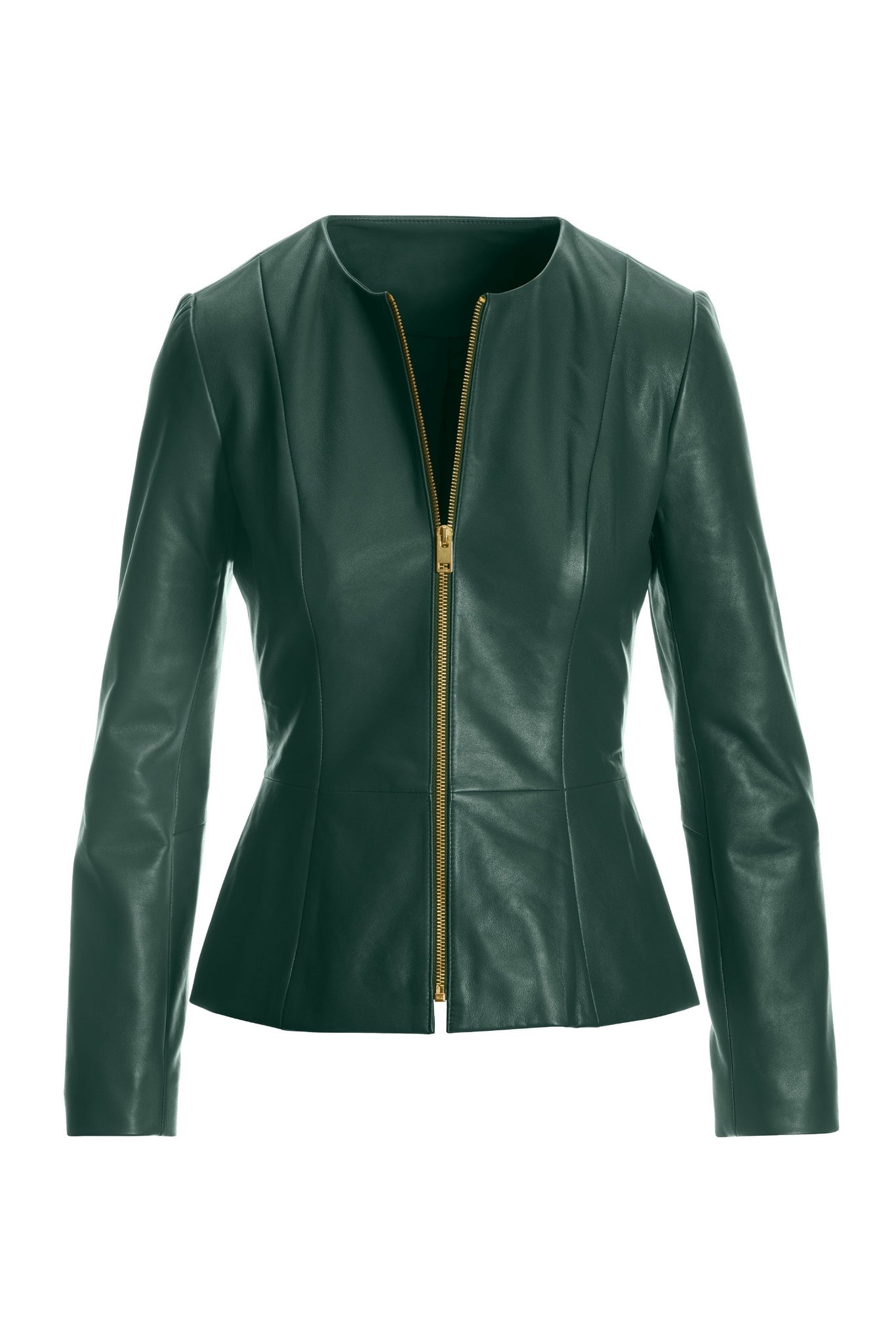Collarless Peplum Leather Jacket Emerald Green