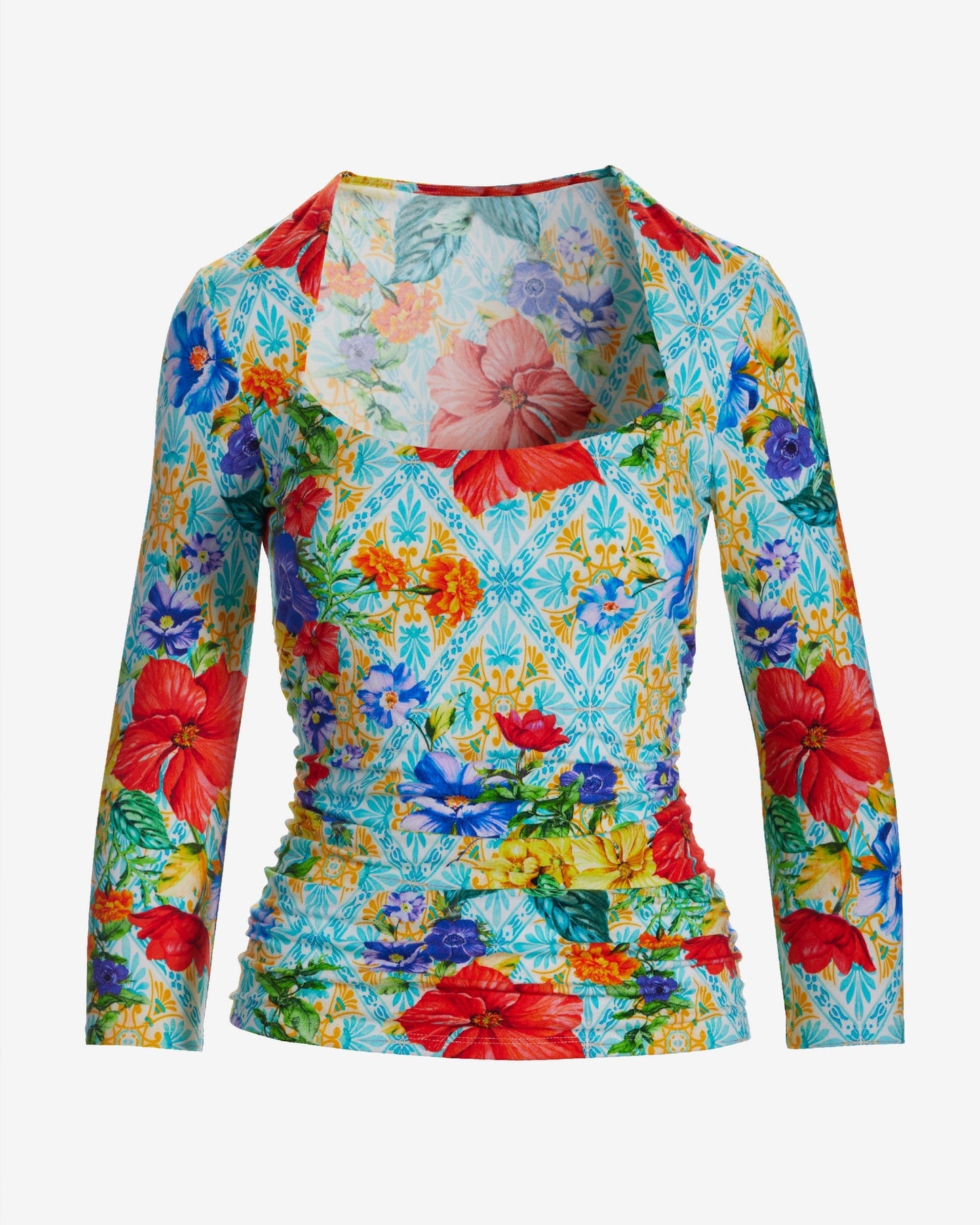 So Sexy Ruched Three Quarter Sleeve Print Top Amalfi Tiles