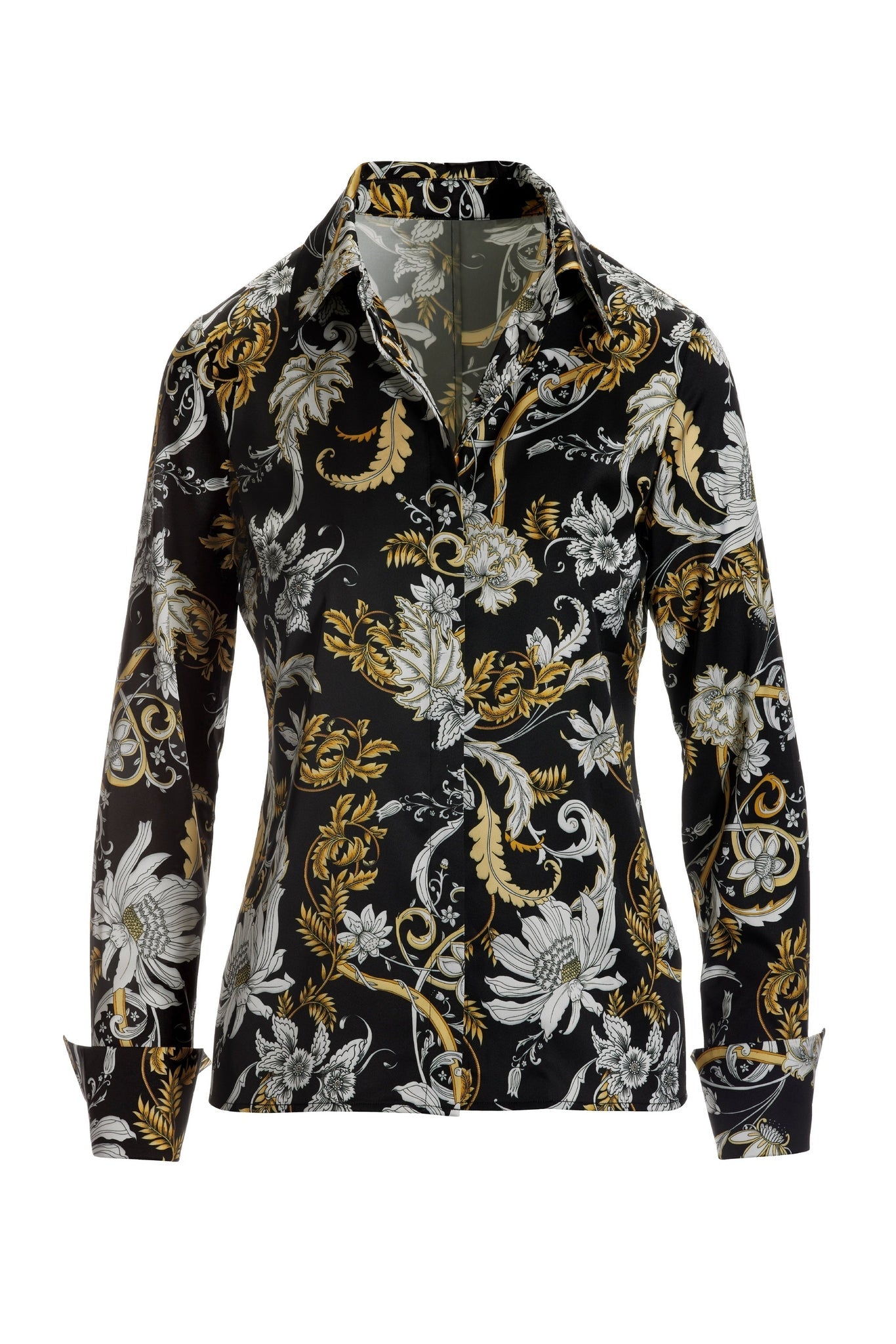 Romantic Status Print Sophia Button Up Charmeuse Blouse Black/Gold