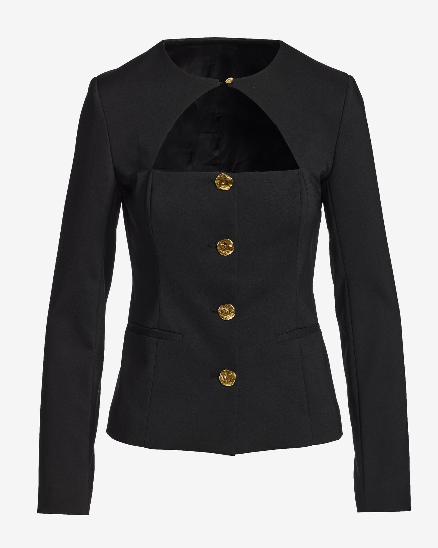 Modern Cutout Novelty Button Peplum Blazer Black
