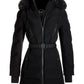 Faux Fur Trim Shaped Belted Puffer Jacket Black