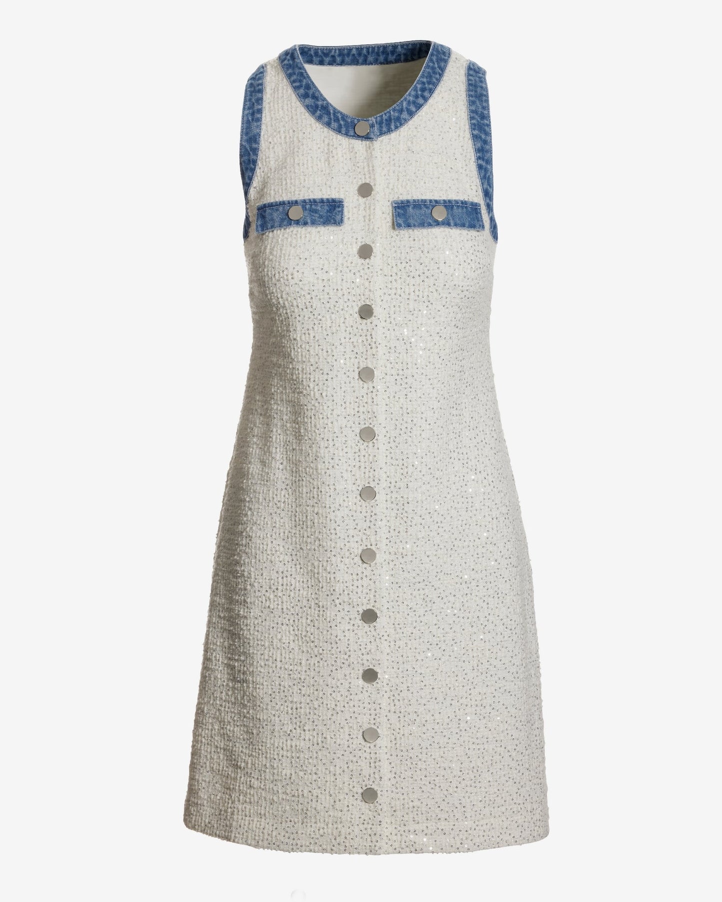 Shimmer Tweed Denim Trim Shift Dress Off White