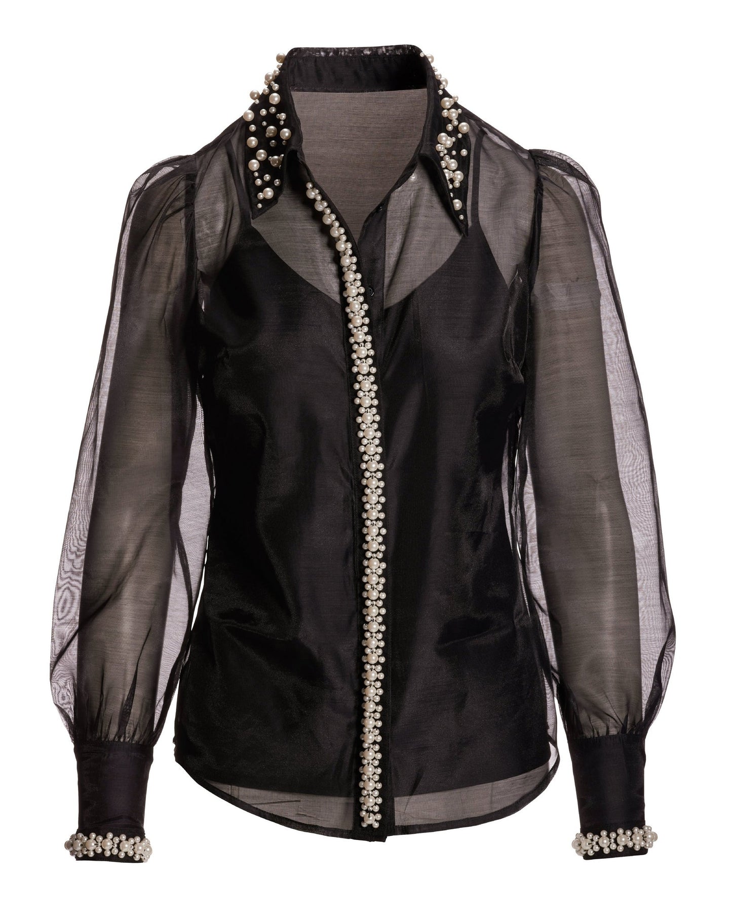 Pearl Embellished Organza Victoria Drama Sleeve Shirt Black