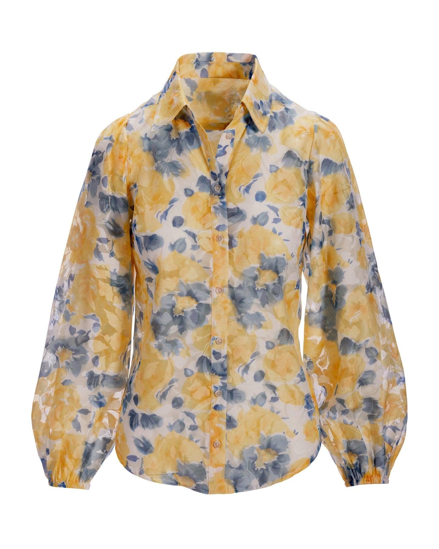 Floral Print Organza Burnout Balloon Sleeve Shirt Blue/Yellow