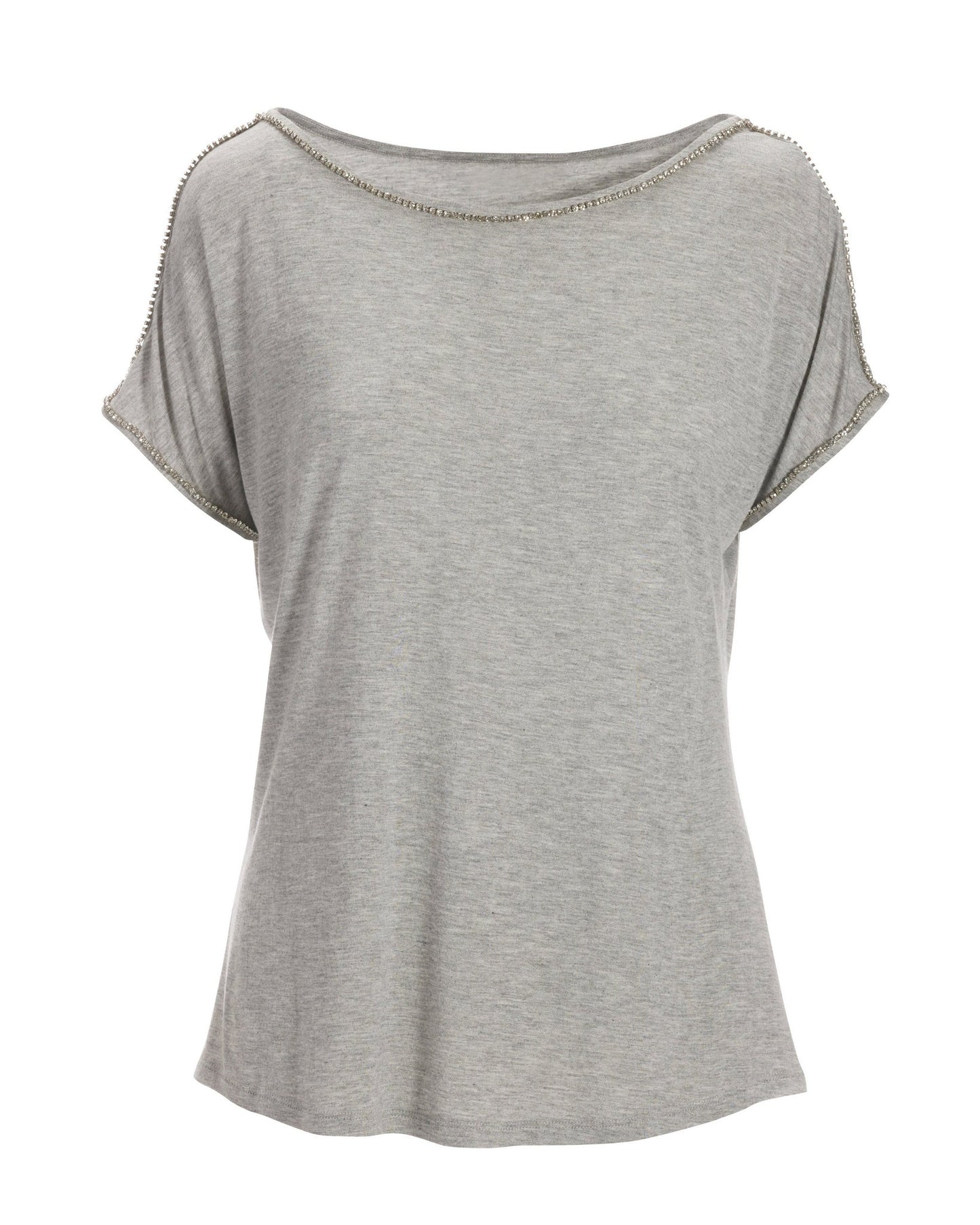 Rhinestone Trim Short-Sleeve Knit Tee Heather Gray