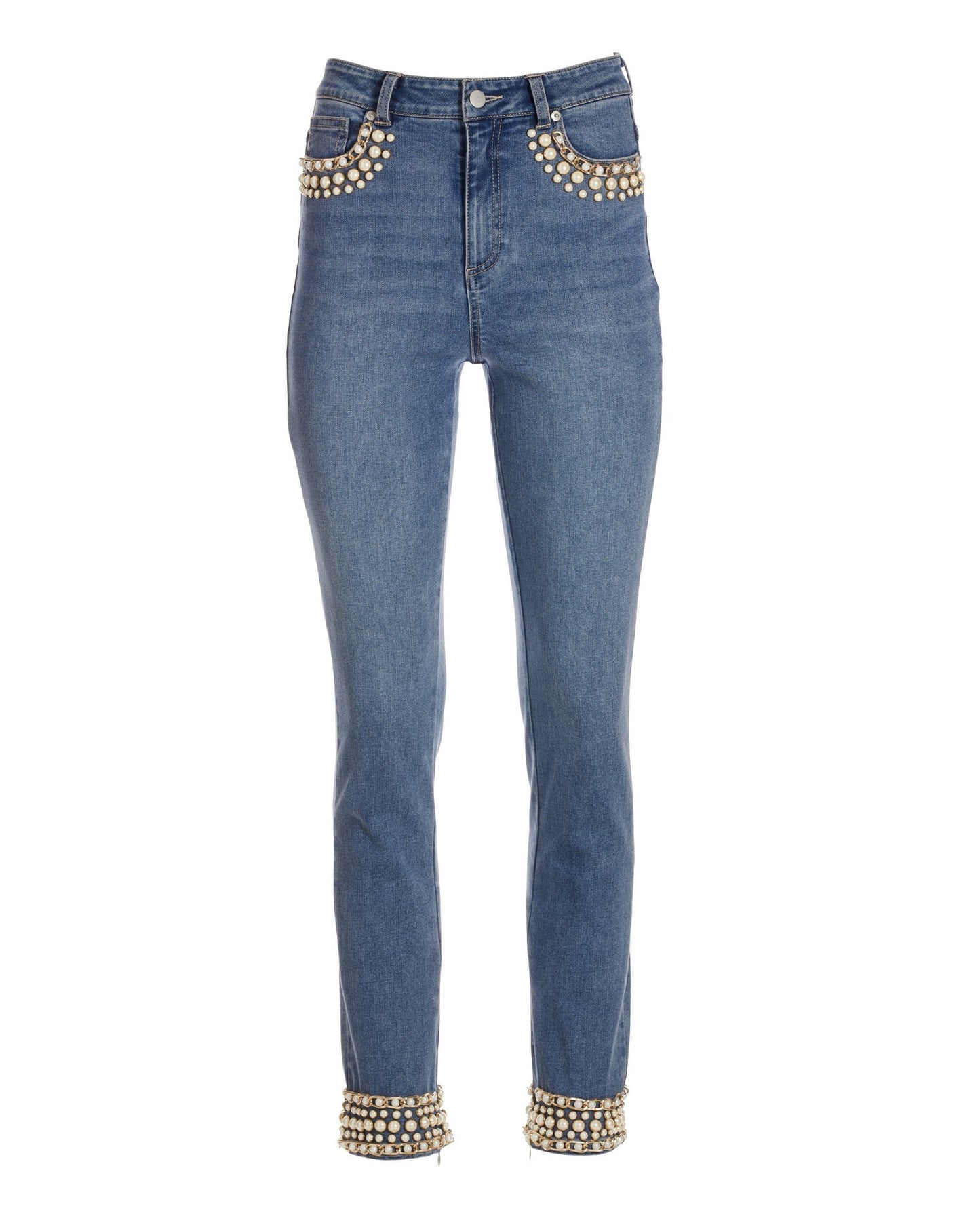 Pearl and Chain Embellished Ankle Jean Light Med Wash