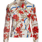 Floral Status Print Puff Sleeve Denim Jacket Red Multi