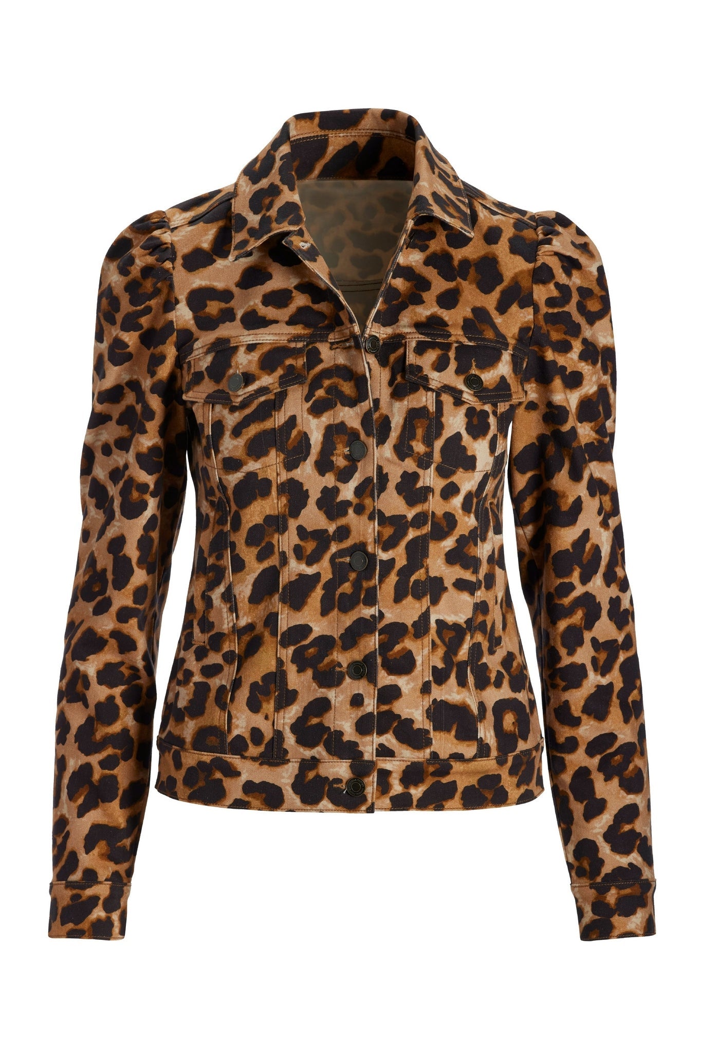 Exploded Cheetah Print Denim Puff-Sleeve Jacket Neutral