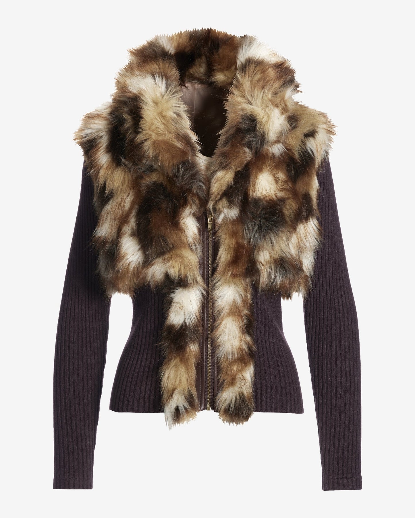 Faux Fur Collared Zip Up Sweater Cardigan Brown Multi
