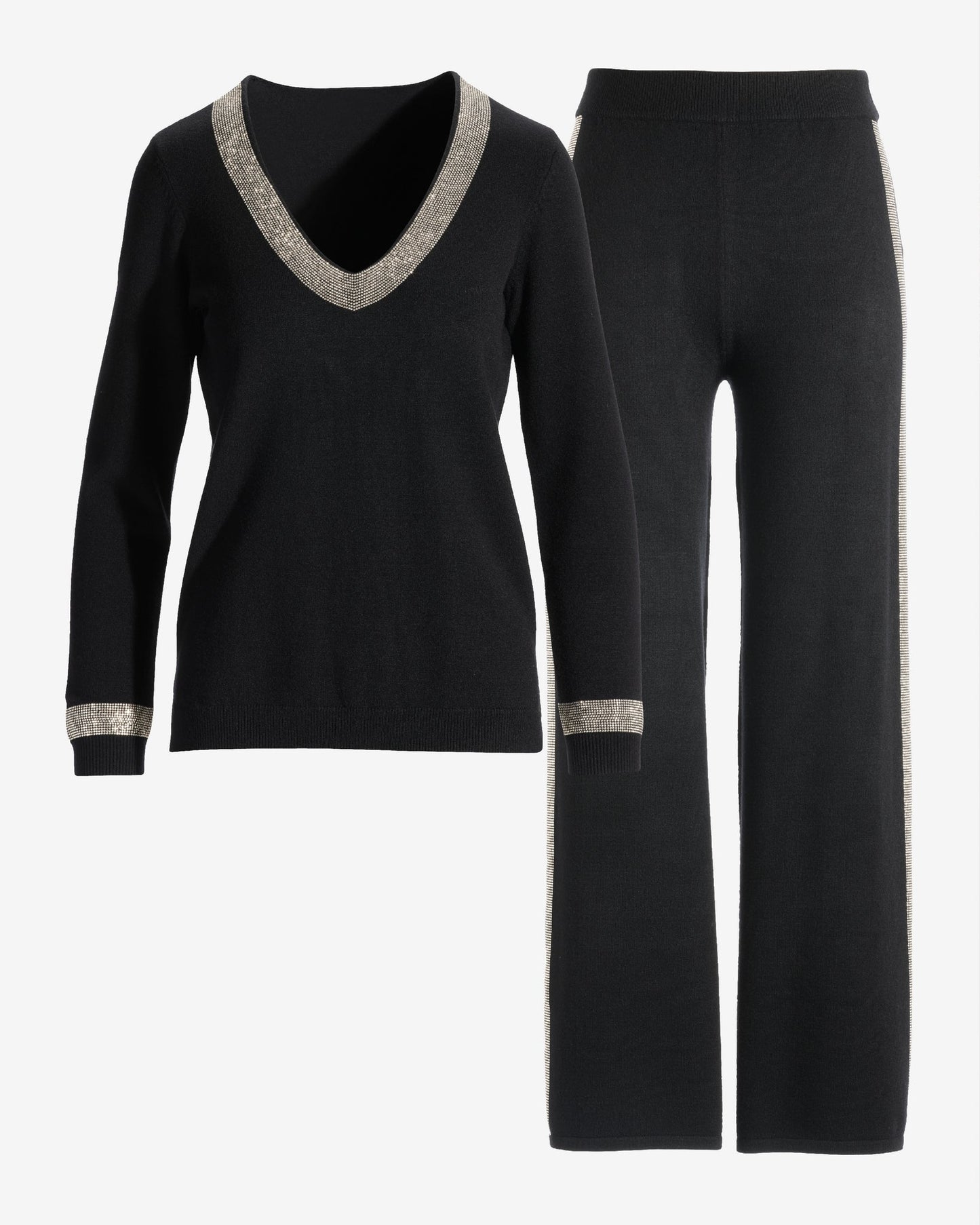 Embellished V Neck Sweater Lounge Set Black