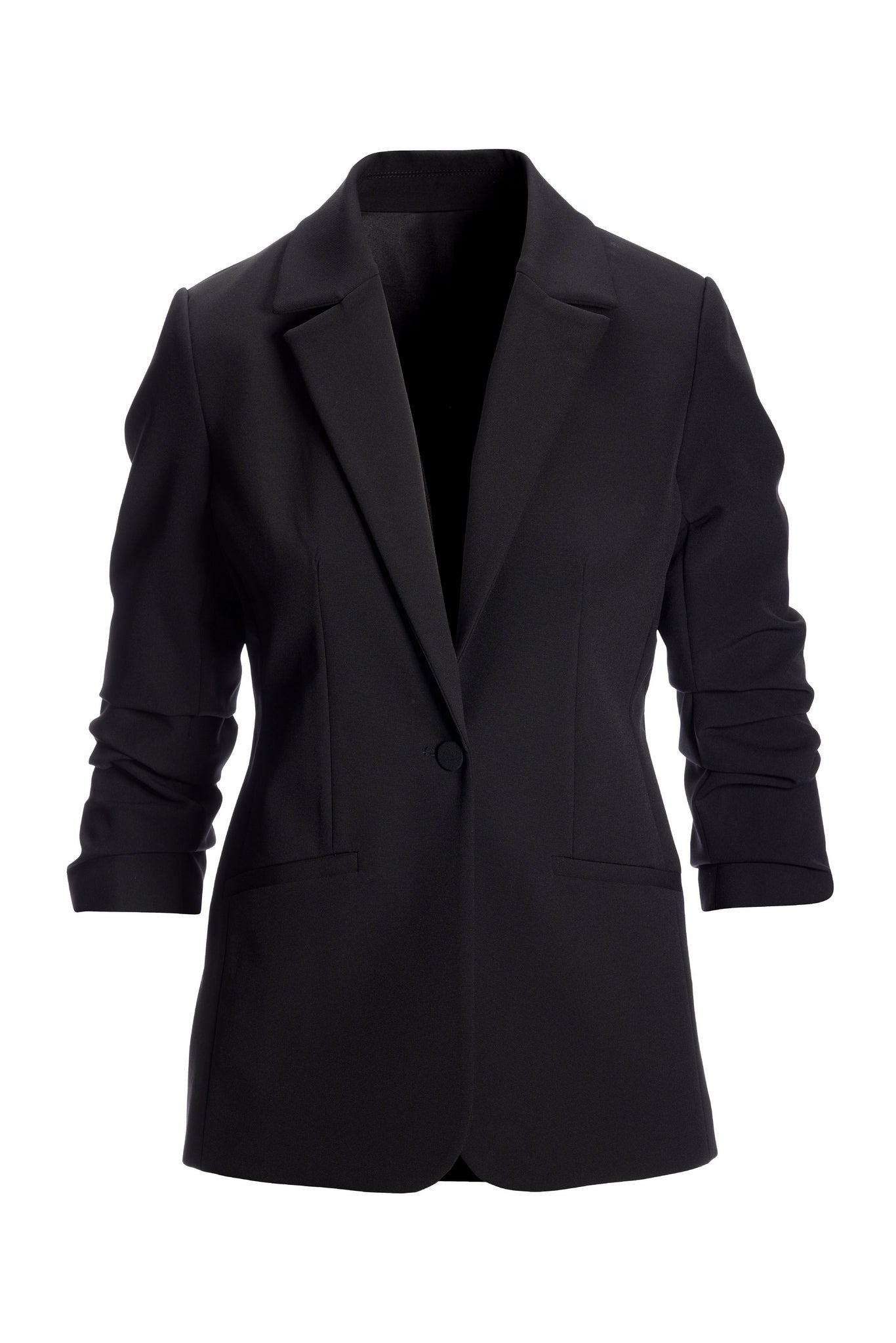 Essential Stretch Ruched Sleeve Single Button Blazer Black