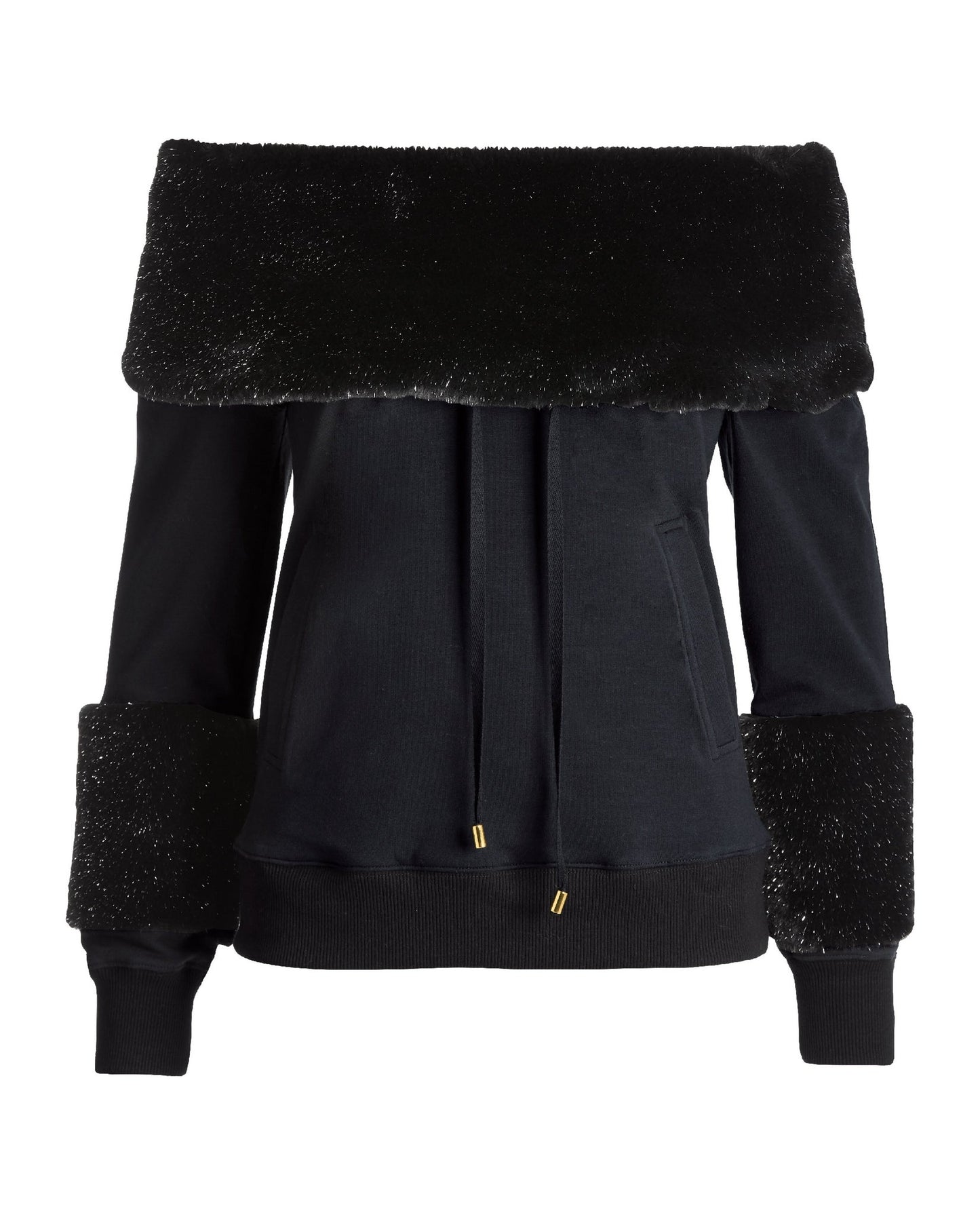 Faux Fur Neckline Sweatshirt Black