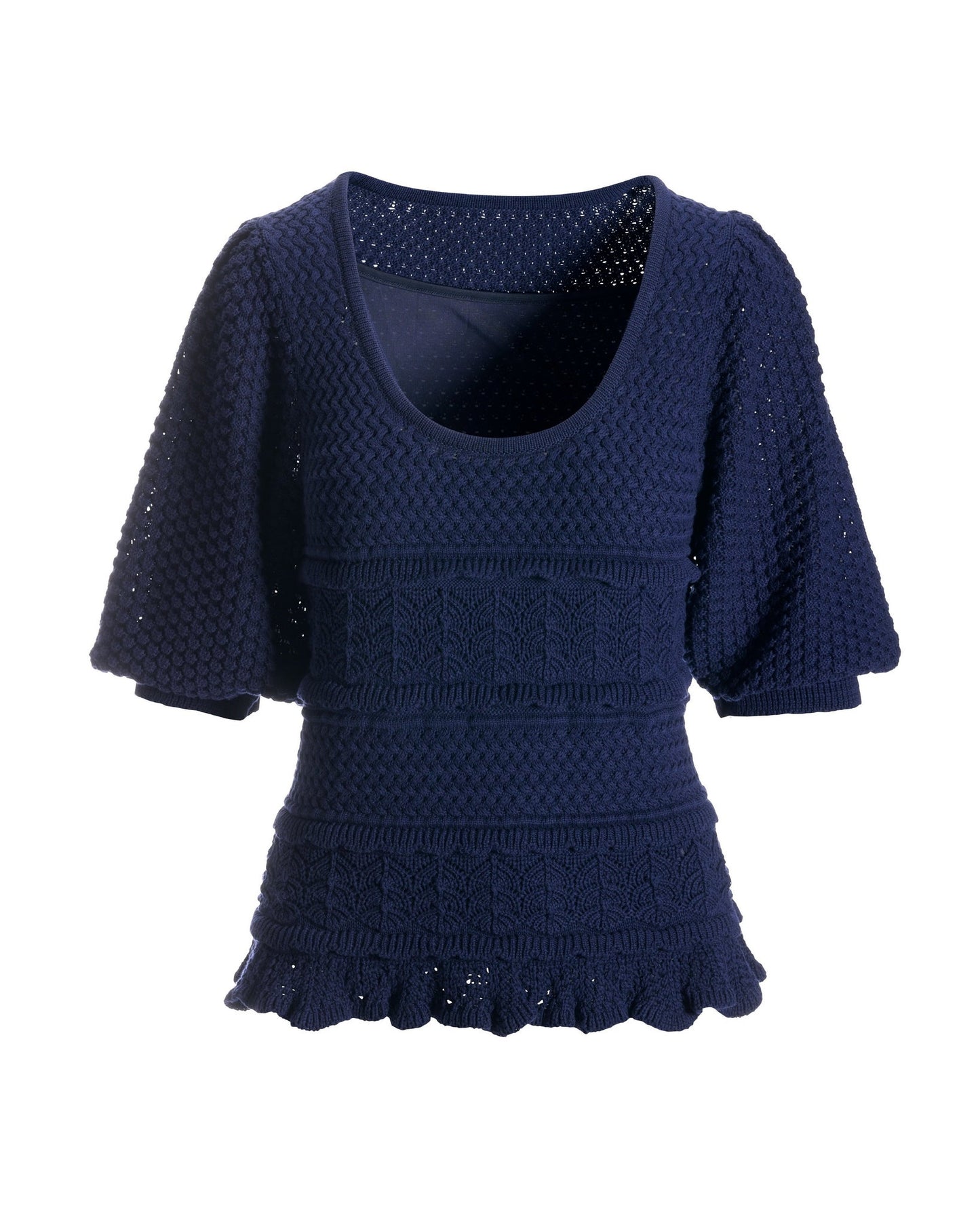 Crochet Detail Puff Sleeve Sweater Navy
