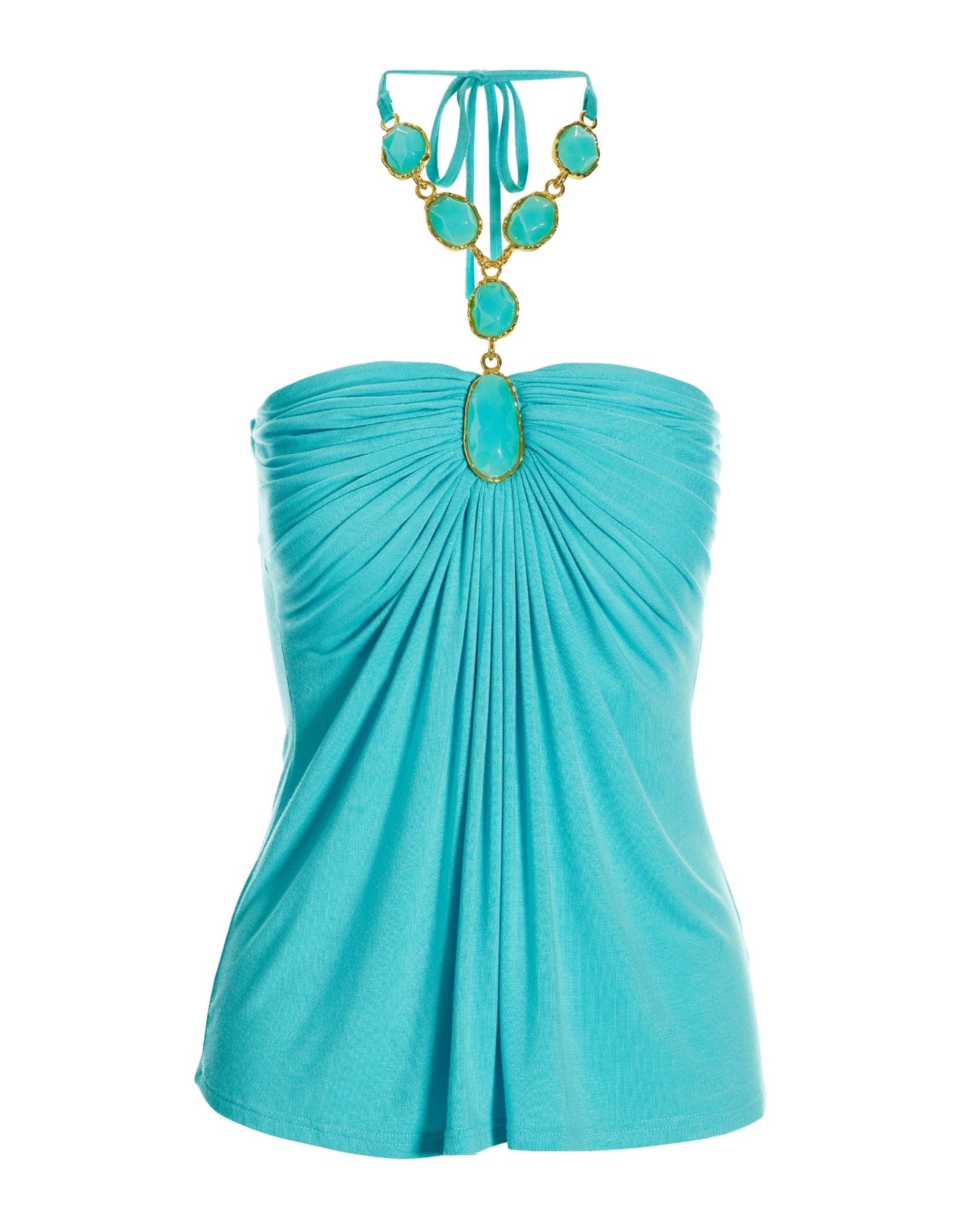 Embellished Trim Ruched Halter Blue Topaz
