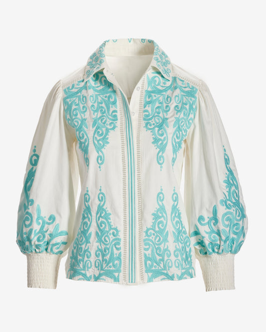Hamptons Scroll Detail Button Up Shirt Tanager Turquoise