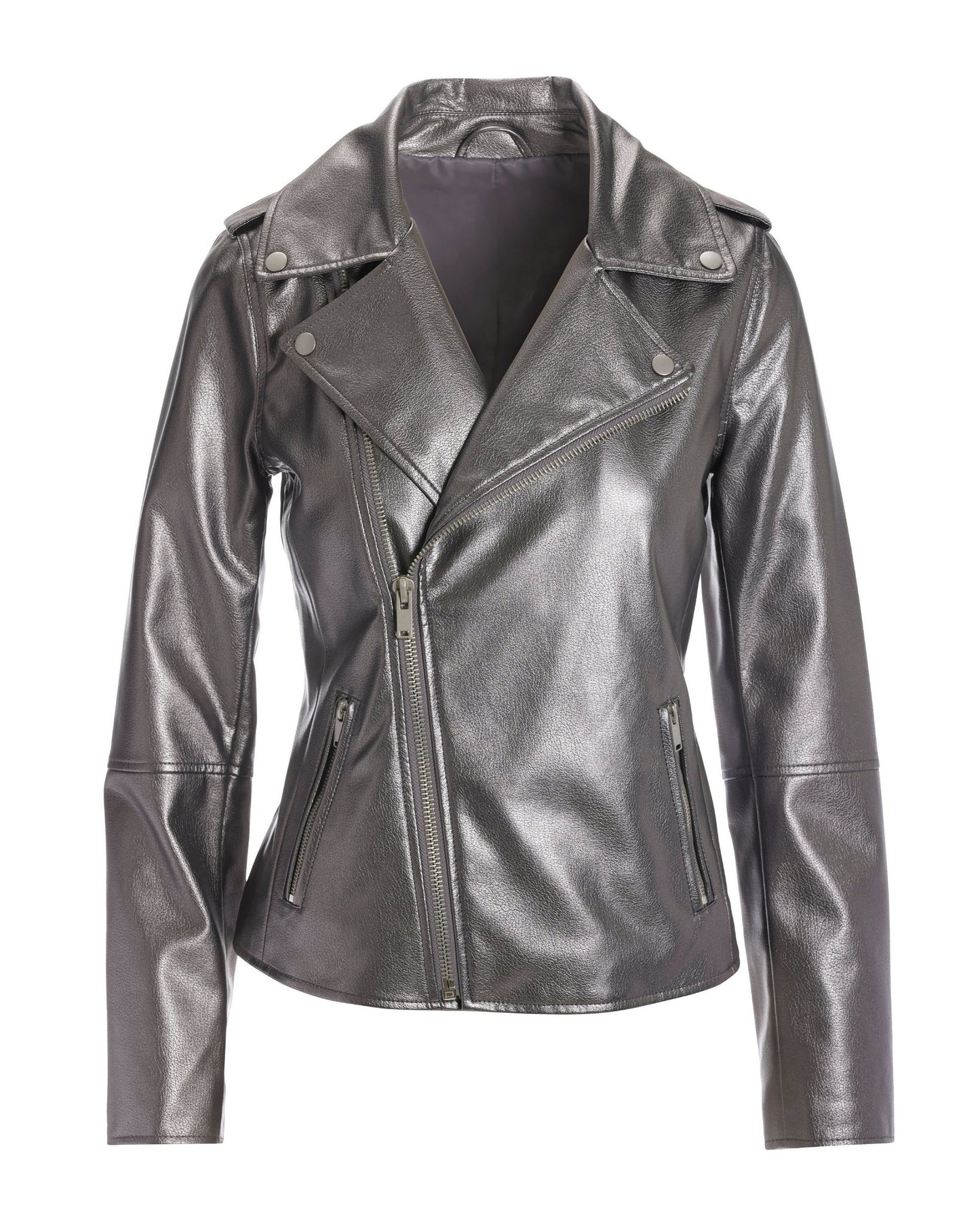 Metallic Faux Leather Moto Jacket Metallic Pewter