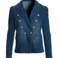 Puff-Sleeve Double-Breasted Denim Blazer Dark Wash