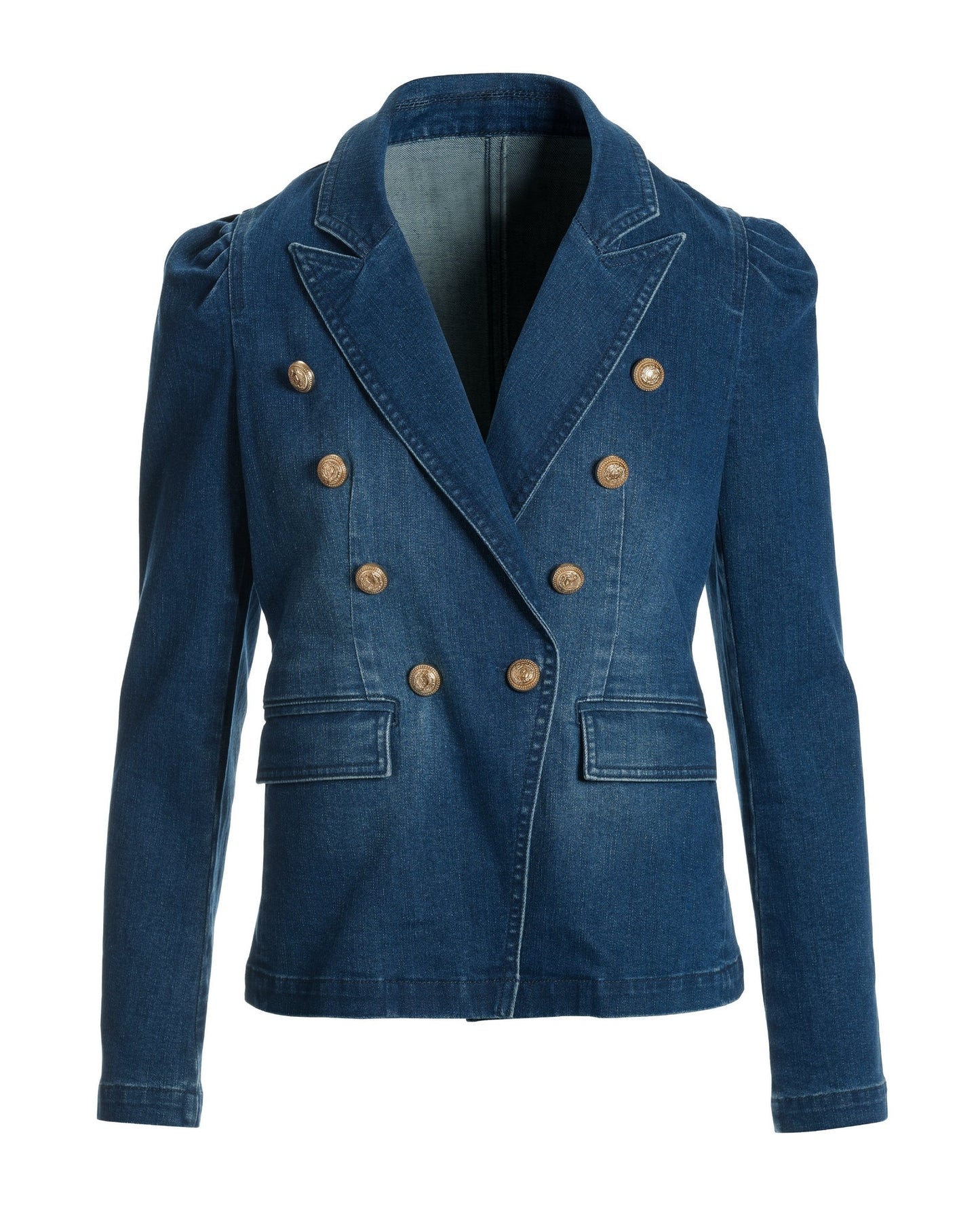 Puff-Sleeve Double-Breasted Denim Blazer Dark Wash