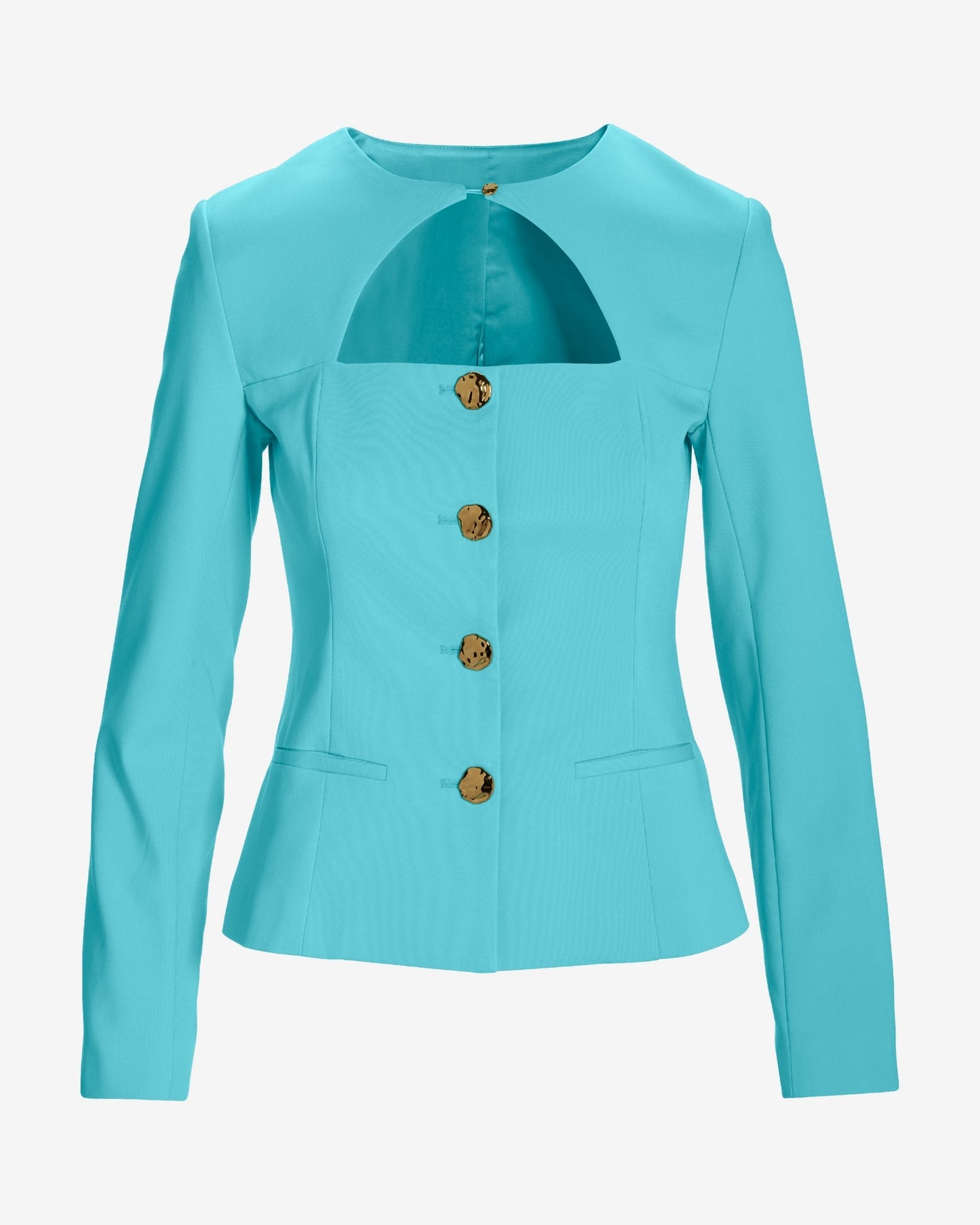 Modern Cutout Novelty Button Peplum Blazer Blue Radiance