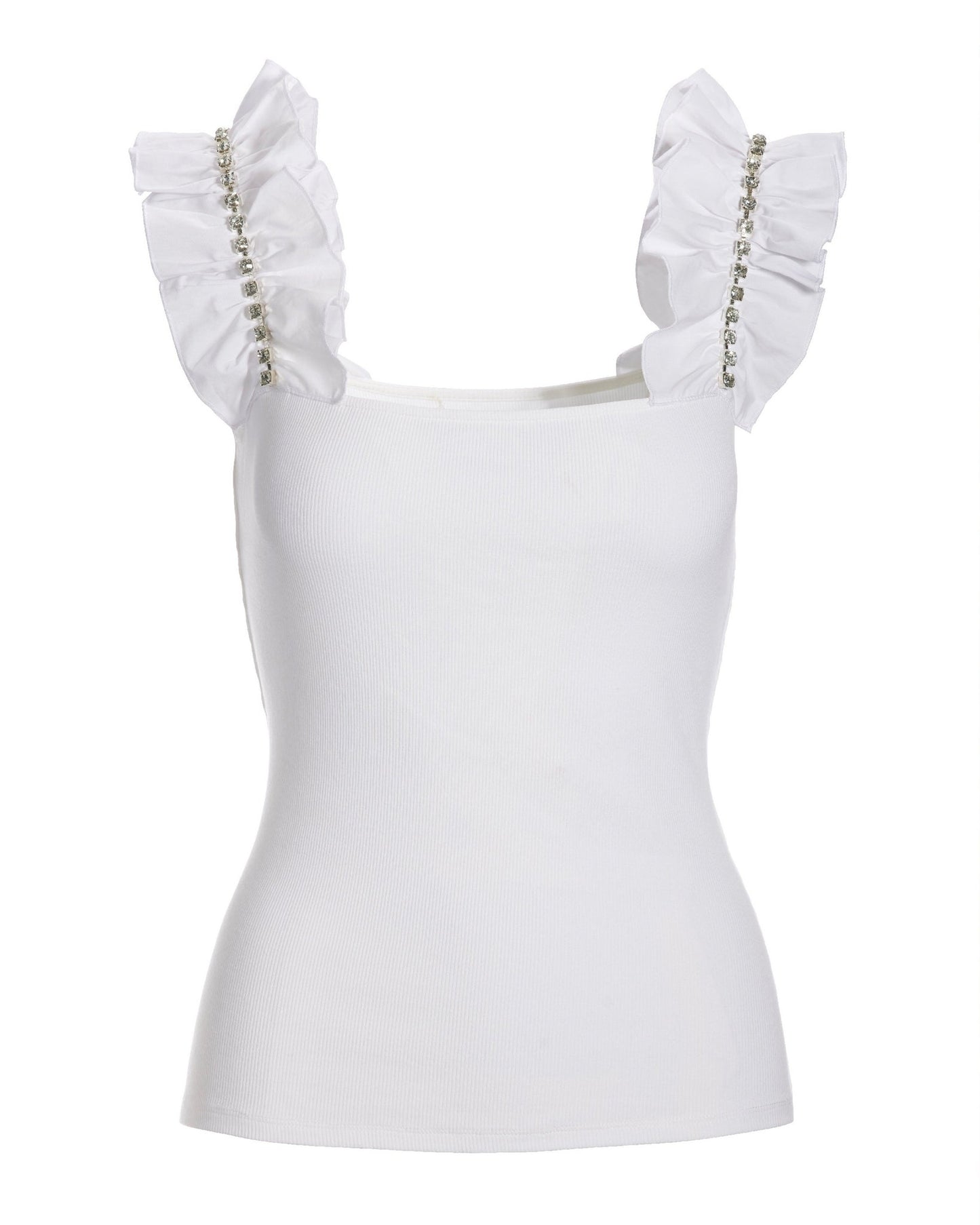 Rhinestone Ruffle Sleeve Tank Top Pure White