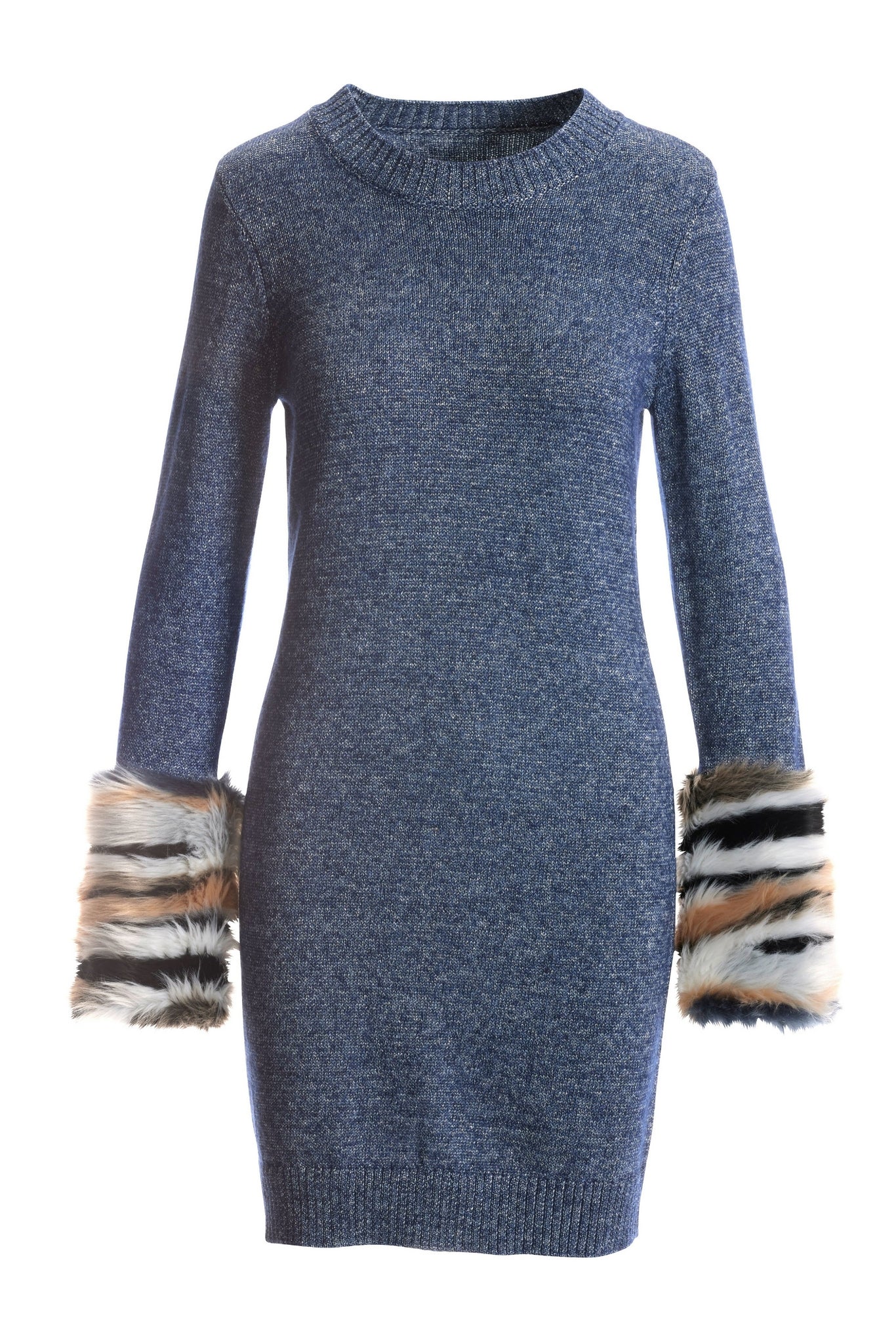 Multi Faux Fur Cuff Lurex Sweater Dress Blue Multi
