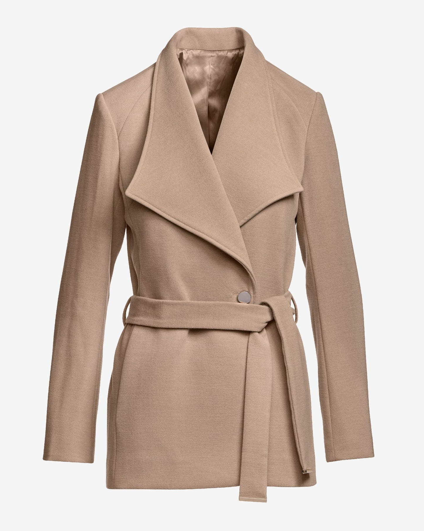 Chic Tie Waist Fully Lined Hip Length Coat Camel