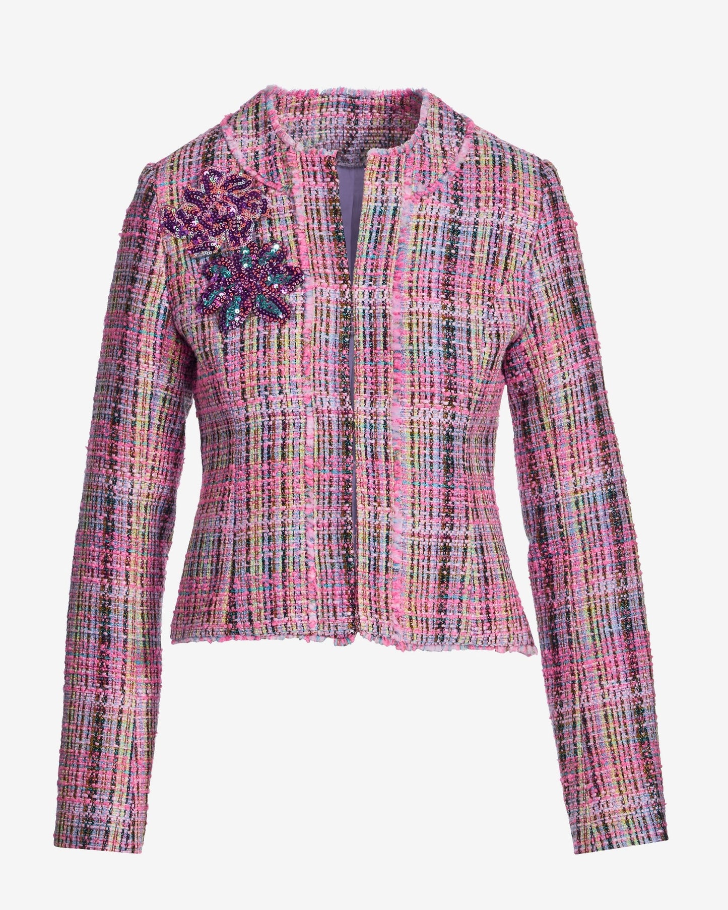 Floral Sequin Mesh Applique Multicolor Tweed Jacket Pink Multi