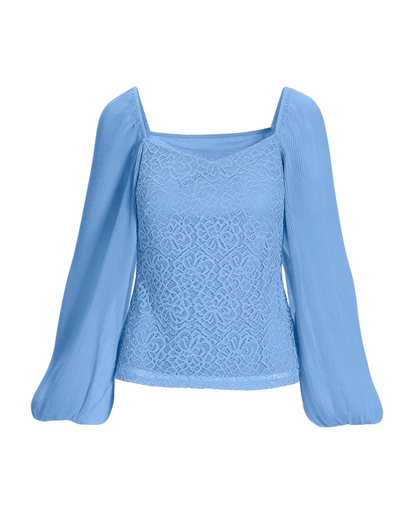 Pleated-Sleeve Lace Knit Top Airy Blue