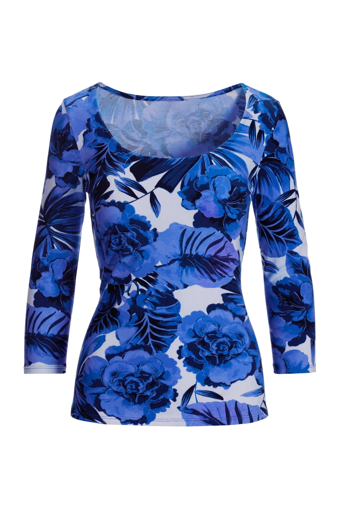 So Sexy Floral Palm Scoop Neck Top Blue White