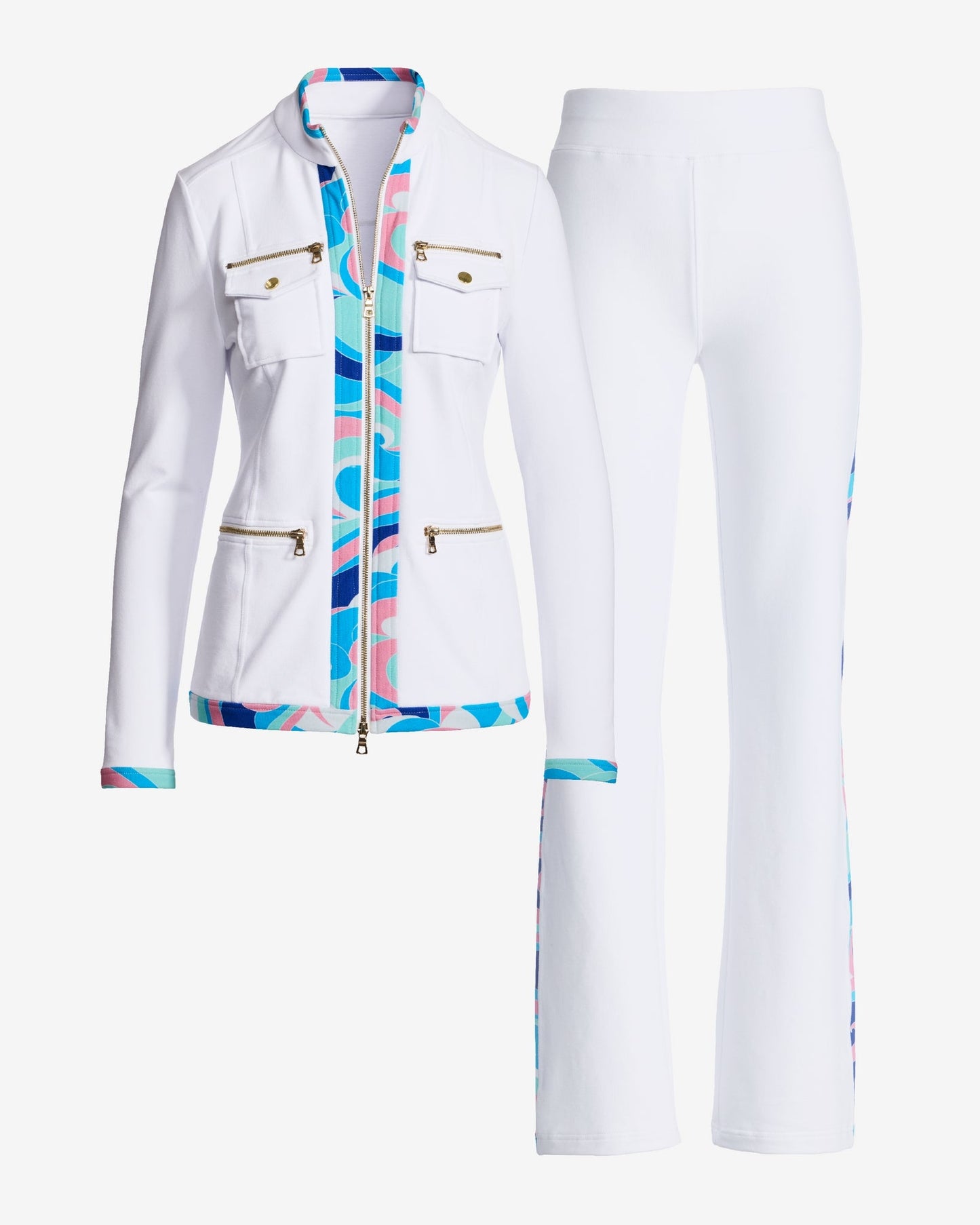 Chic Zippered Printed Trim Sport Coordinate Set Sporty Abstract