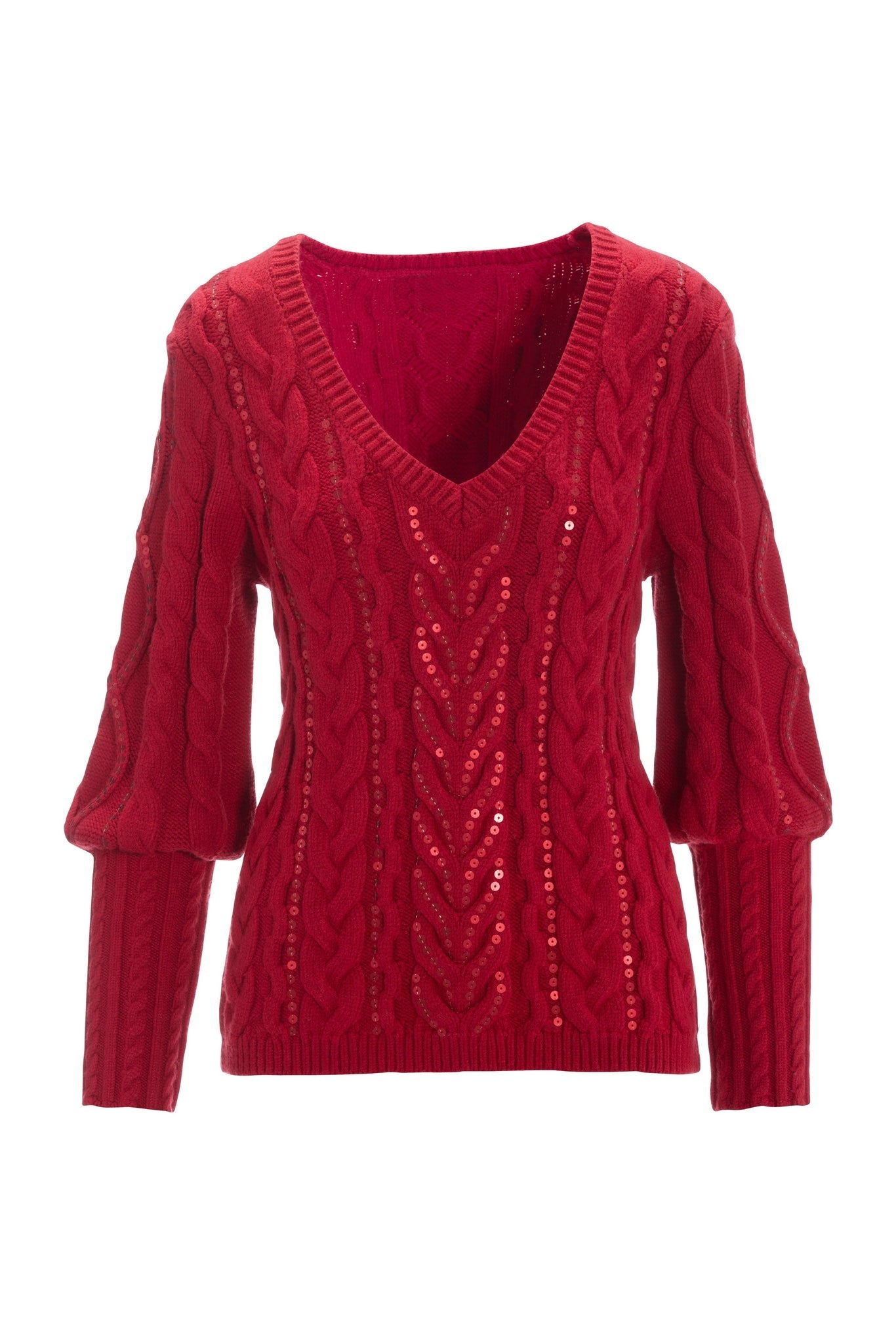 Sequin Cable V-Neck Sweater Red