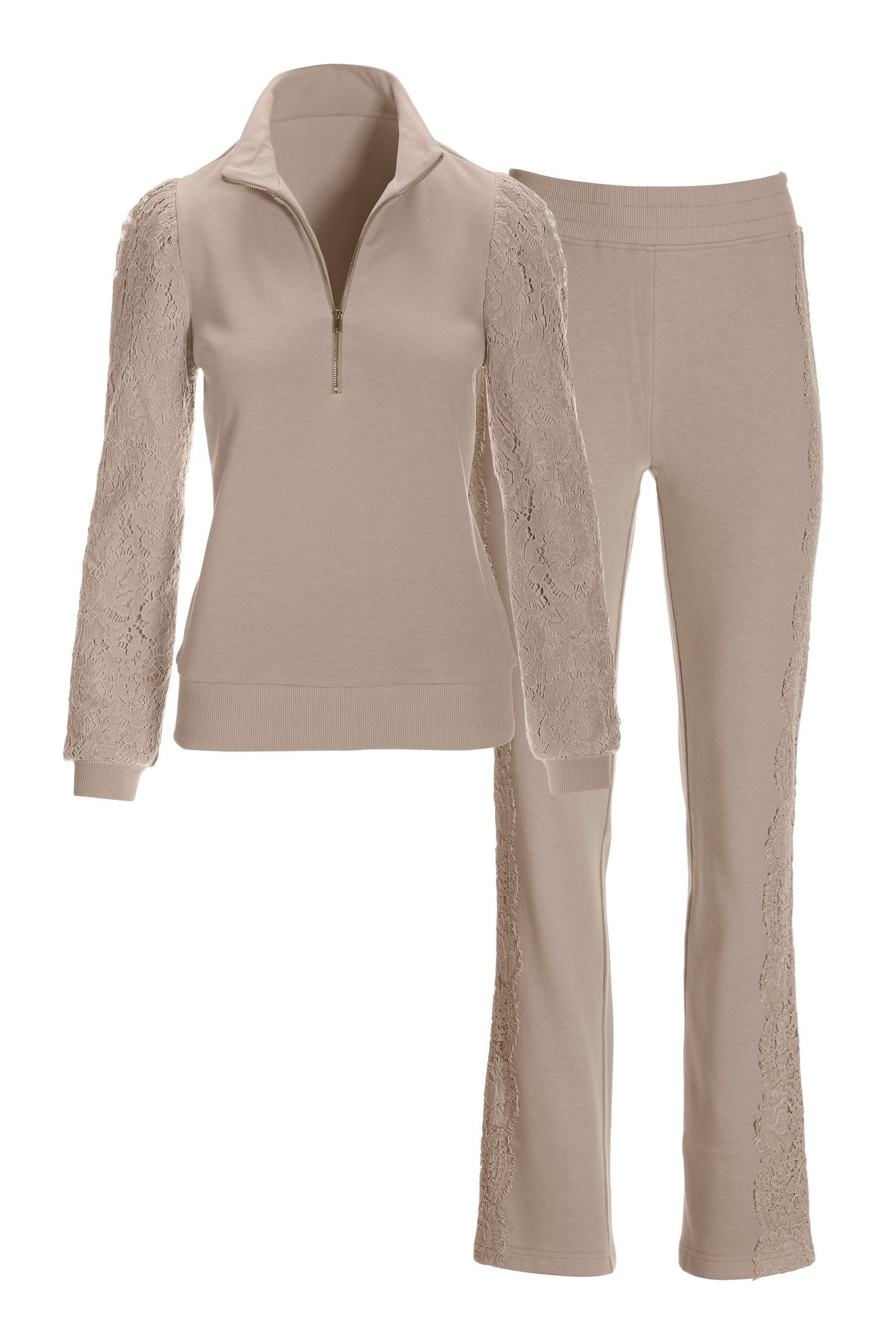 Lace Puff-Sleeve French Terry Set Taupe