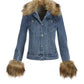 Removable Faux Fur Trim Denim Jacket Medium Wash