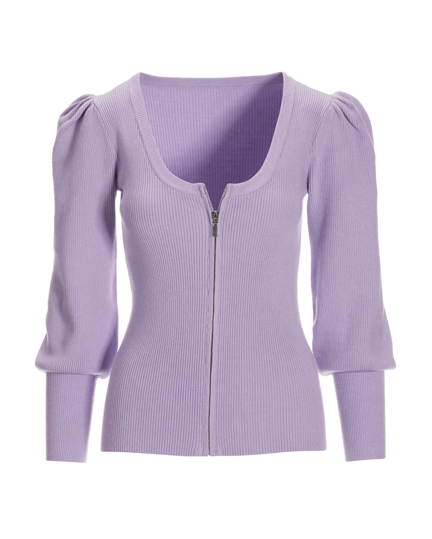 Ribbed Scoop-Neck Zip-Up Cardigan Lavender Ice